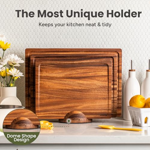 SMIRLY Walnut Wood Cutting Boards for Kitchen, Set of 3 with Holder Large - Small, Walnut Wooden Cutting Board Set with Deep Juice Grooves, Non Toxic Serving Tray, Perfect Mother's Day Gifts - Thumbnail 4