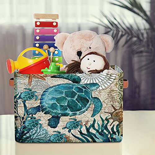 Image of Ocean Turtle Rectangular Storage Bin, Sea Turtle Storage Basket with Handles, Toy Bins, Laundry Hamper, Books Clothes Bag, Gift Baskets for Nursery Home Closet