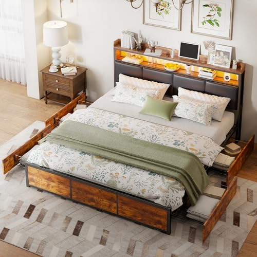 Generisch Bett 180x200 cm mit 4 Schubladen, Metallbett 180x200 cm mit LED, Doppelbett, Bettrahmen mit Lattenrost, für Erwachsene und Jugendliche, Vintage Braun,Schwarz Generisch Bett 180x200 cm mit 4 Schubladen, Metallbett 180x200 cm mit LED, Doppelbett, Bettrahmen mit Lattenrost, für Erwachsene und Jugendliche, Vintage Braun,Schwarz