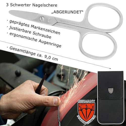 DREI SCHWERTER - Nagelschere abgerundet | Runde Nagelschere - ideal für Diabetiker und Kinder. Rostfreie Markenqualität MADE IN GERMANY | Inhalt: Nageletui Kunstleder mit Nagelschere - Abgerundet