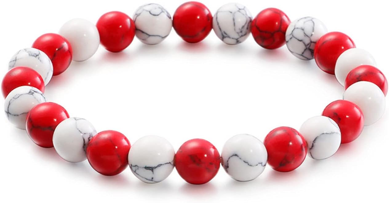8MM Red White Mable Gem Stone Beads Bangle Bracelet, Mens Womens, Stretchable, Unique