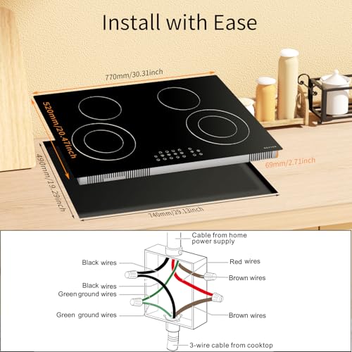 Image of Noxton 30 Inch Electric Cooktop 4 Burners, Built in Electric stove top, Sensor Touch Ceramic Cooktop, Expandable Burners, Pause, Safety Lock, Timer, 7100W 220~240V (No Plug)