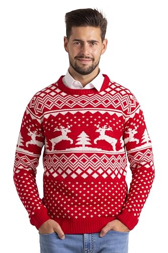 Mens Christmas Jumper Xmas Tree & Reindeer Pattern Long Sleeve Knitted Christmas Crew Neck Warm Sweater S-XXL