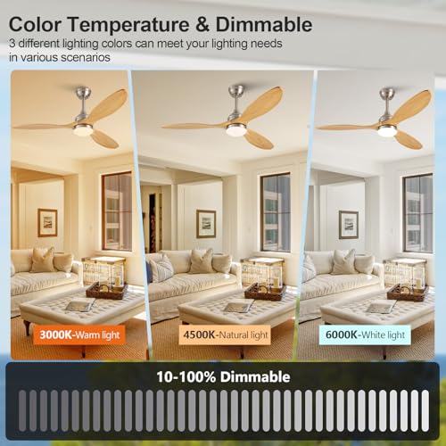 Image of 52 Inch Solid Wood Outdoor Ceiling Fans with Lights and Remote,3 Natural Wood Blades,Dimmable,6 Speed Quiet DC Motor, Indoor Outdoor Ceiling Fan for Patios Bedroom Living Room