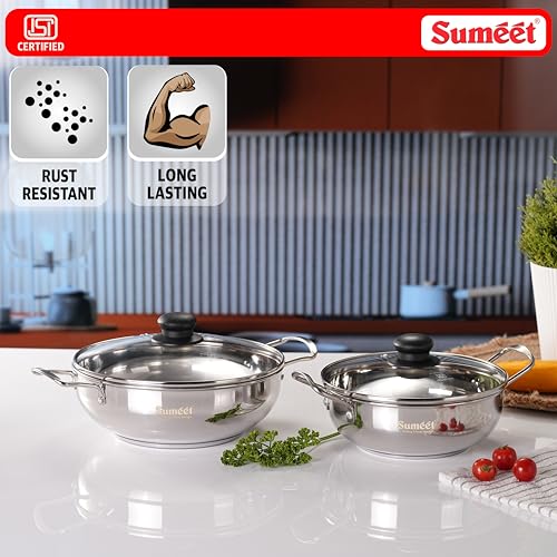 Image of Sumeet ISI Certified Stainless Steel Kadai with Glass Lid & Encapsulated Heavy Bottom |Induction and Gas Compatible |Set of 2 Pcs | 1.5Ltr & 2.3Ltr Capacity - 20 & 24cm Dia, Silver