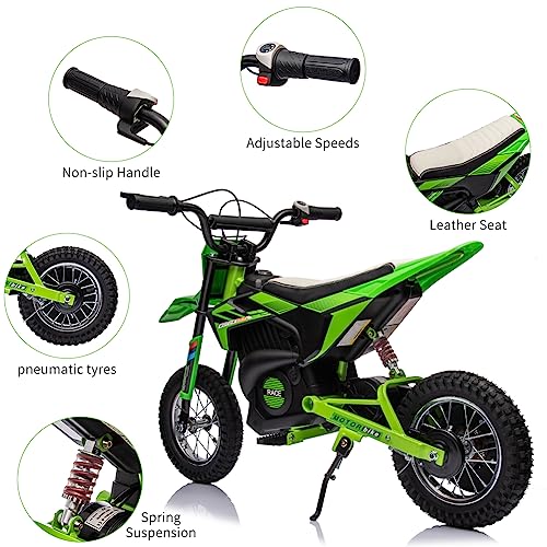 24V 7ah Kids Ride on Motorcycle,13.6MPH Fast Speed Electric Battery-Powered Off-Road Motocross with 250W Strong Motor, Chain-Driven,Leather Seat,Disc Brake,Air-Filled Tires (Green)