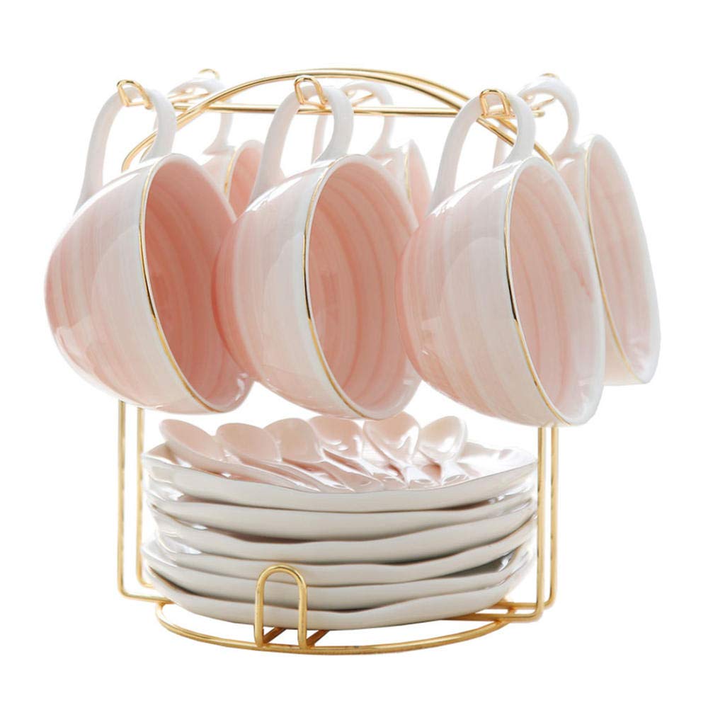 6-piece ceramic espresso cup set home Continental coffee set tea cup coffee cup dish set 250cc@Pink 6 cup set