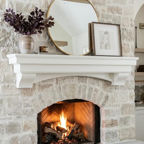 Image of MANTELSDIRECT Mantels Direct Salem Wood Mantel Shelf with Arched Corbels - White 72 Inch | Wooden Rustic Wall Mounted Shelf from Pine Wood - Perfect for Fireplaces, TVs & Decor