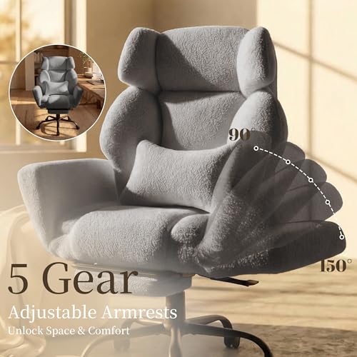 Image of Office Chair with Flip Armrests,Big and Tall Office Chair with Foot Rest,Extra Wide Seat & Lumbar Pillow,Comfy Criss Cross Chair for Pets Sitting,Ergonomic Computer Gaming Chair,Teddy Fleece,Grey