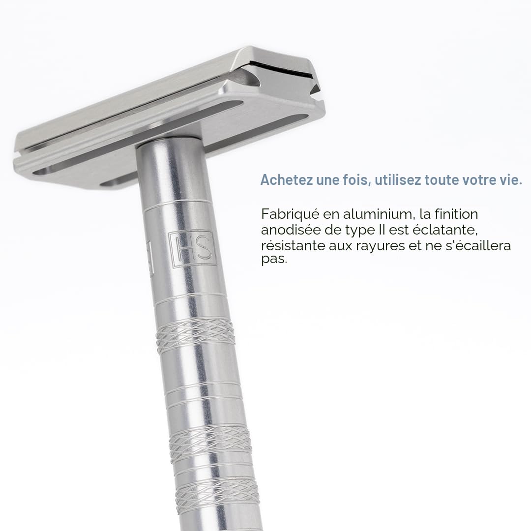 Henson Shaving Rasoir de sécurité double tranchant en aluminium avec 5 lames de rechange – Précision coudée à 30° avec une rigidité de lame supérieure – Rasoirs à lame unique réutilisables pour homme