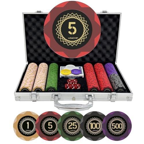 LOYCHIP Casino-Grade Clay Poker Chip Set, 300pcs 14g Numbered Clay Chips with Aluminum Case, 2 Decks, Premium Poker Set for Texas Hold'em, Blackjack, Home Game Night, Family Party, Travel