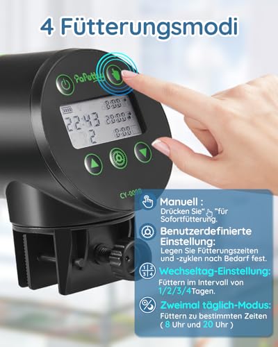 Futterautomat Aquarium, Automatischer Fischfutterautomat für Aquarium mit Batteriebetrieben, Fische Fischfutterspender 200ml, 2 AAA-Batterien im Lieferumfang enthalten, Fischfutterschwimmring – Bild 4