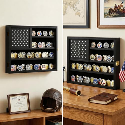 Image of TJ.MOREE Challenge Coin Display Case for Collection Wall Mount Black Wood | 13x15.8inches, American Flag Design & Hidden Storage Compartment