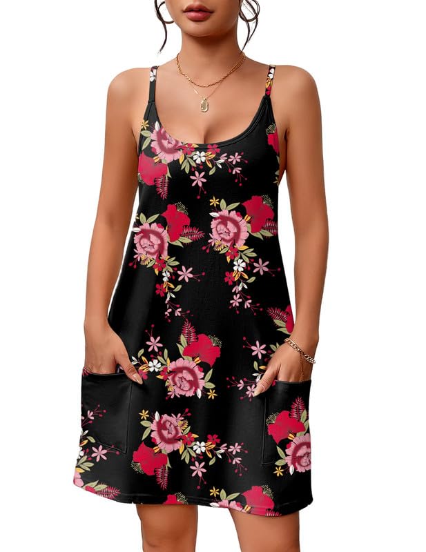 Image of Ekouaer Nightgowns for Women Cotton Sleepwear Sexy Sleep Shirt Adjustable Spaghetti Strap Night Gowns with Pockets S-3XL