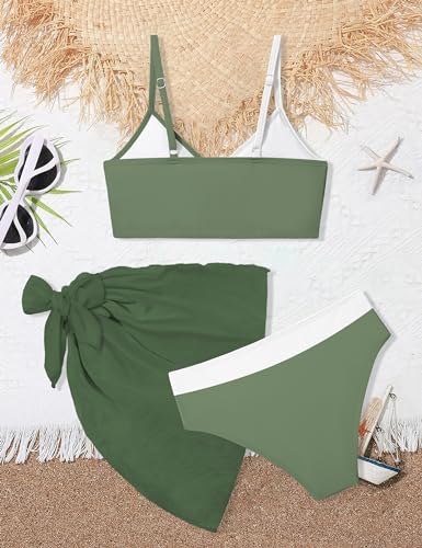 Image of Girls Swimsuit V Neck Bikini Set Color Block with Cover Up 3Pcs Bathing Suits