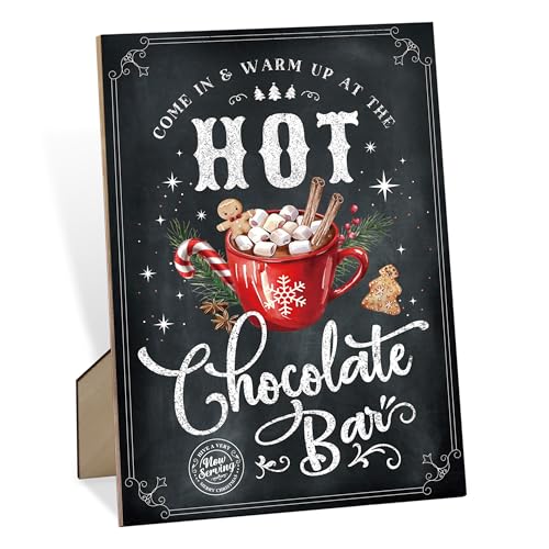Letrero vintage de barra de chocolate caliente, decoración de mesa de madera de Navidad de 8 x 11 pulgadas, accesorios de barra de cacao caliente para el hogar, cafetería, oficina, estación de café