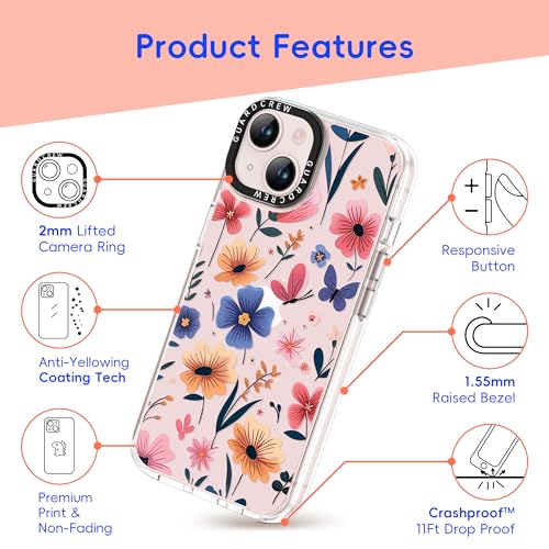 GuardCrew for iPhone 13 Case and iPhone 14 Case, [Flower World] Cool Aesthetic Pattern for Women, [11FT Military-Grade Drop Tested] Slim Crystal Clear Shockproof TPU Bumper Phone Cover, 6.1" — view 6