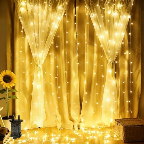 2M x 2M Curtain Lights Indoor Fairy Light Plug in,204LED Backdrop Window Curtain Lights Wall Light,Hanging Waterfall Light,8Mode,Waterproof,Connectable for Gazebo Oudoor(Warm White)