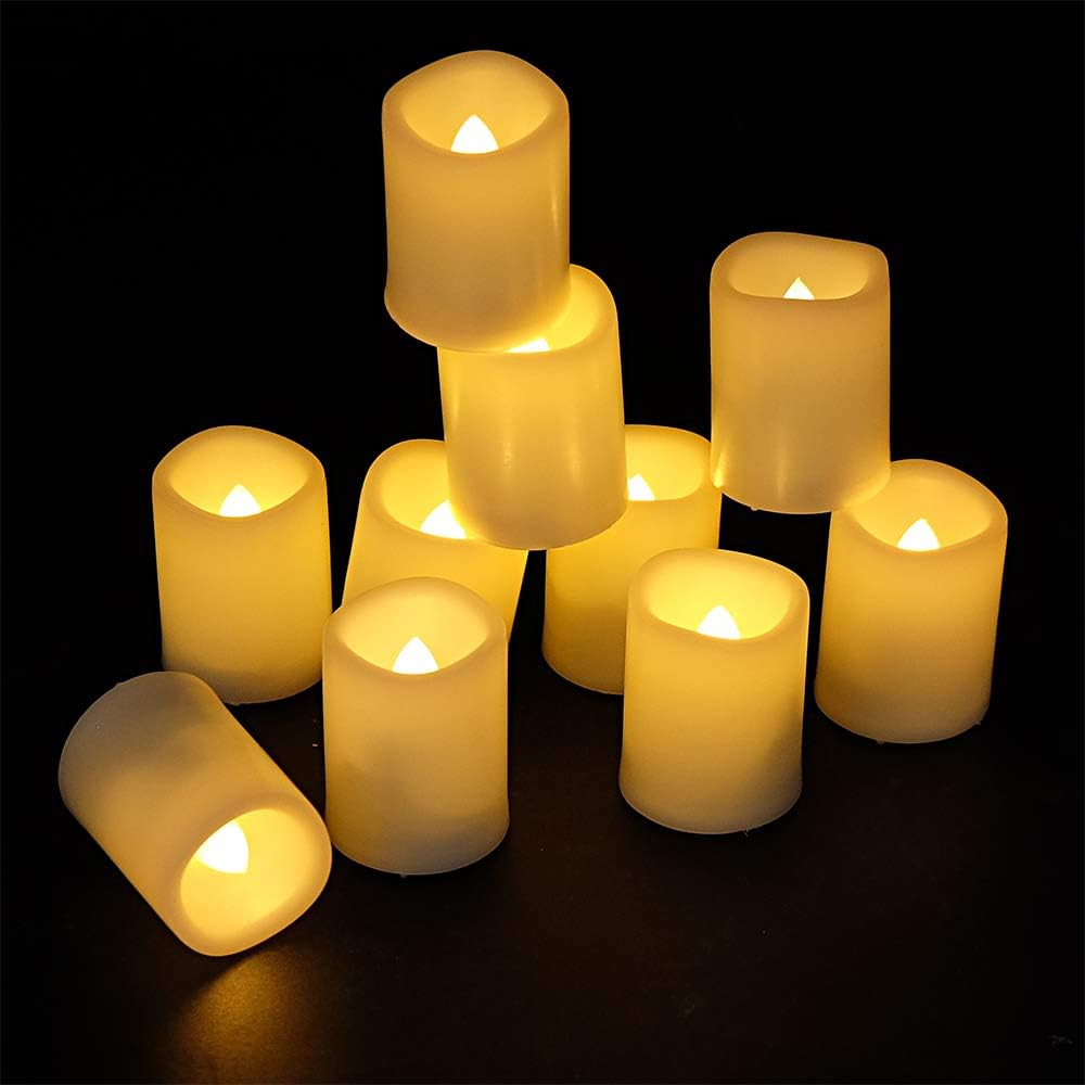 Eldnacele Votive Flameless Candles with Remote and Timer, Battery Operated Warm White Flickering Plastic LED Candles Set of 10 for Dinner Wedding Indoor Holiday Decor (D1.5×H2)