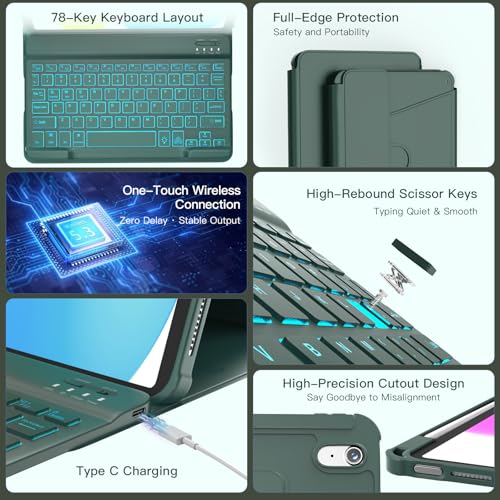 Image of RAYMCRAFT for iPad 11th(A16, 2025) /10th Generation Case with Keyboard, 360 Rotatable Case & Detachable Backlit Keyboard, Precision Cutouts and Pen Holder for iPad A16 11'' /10th 10.9'', Olive Drab