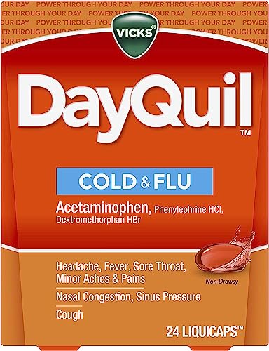 Vicks Dayquil Cold & Flu Medicine, Non-Drowsy Powerful Multi-Symptom Daytime Relief For Headache, Fever, Sore Throat, Minor Aches And Pains, Nasal Congestion, Sinus Pressure And Cough, 24 Liquicaps #TOP6