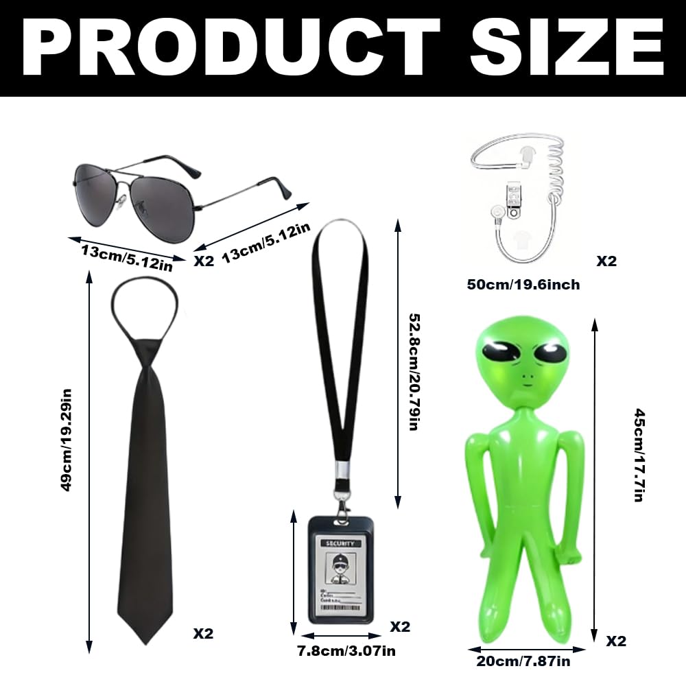 10PCS Agent Costume Accessories Set, Spy Costume Kit with ID Holders Ties Sunglasses Earpieces Inflatable Green Aliens - Image 2