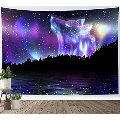 HVEST Wolf Tapestry Wall Hanging Purple Tapestry Wild Animal Wolves in Starry Sky Tapestries River Natural Scenery Wall… 51cnjfcMaSL. SS400