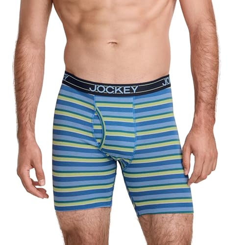 Jockey Men's Underwear Lightweight Cotton Blend 7" Long Leg Boxer Brief - 4 Pack, Teal Slate/Daring Stripe Blues/Spearmint/True Navy, L2