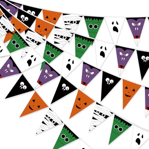 Image of 5 Pcs 49 ft Happy Halloween Banner Indoor Outdoor Halloween Party Decorations Pumpkin Ghost Banner Flags Haunted House Trunk or Treat Backdrop Garland for Wall Mantel Party Favors Supplies