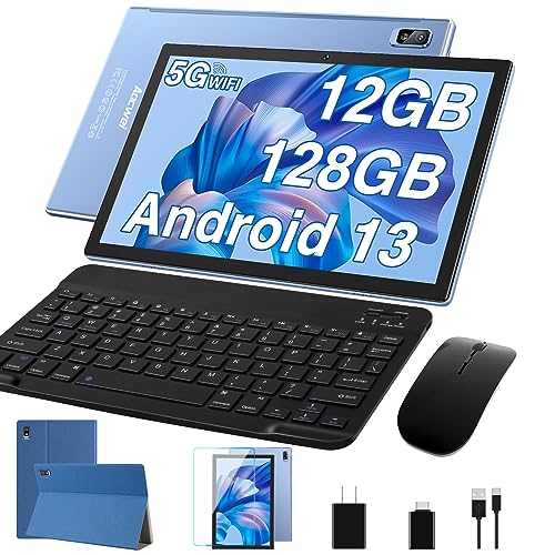 Image of 10 inch Tablet with Keyborad Octa-Core Android 13 Tablets PC with 12GB RAM 128GB ROM 1TB Expand, 8000 mAh Battery, 1280 x 800 IPS Display, 5G WiFi, GPS, Dual Camera,Case Mouse, Split Screen (Blue)