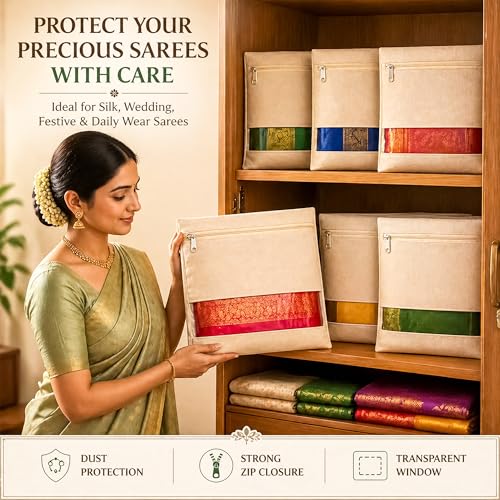 Image of EIGHTIZ (Pack of 10) Saree Covers for Wardrobe Transparent Clothes Storage Bags for Saree, Blouse, Dress, Multipurpose Non-Woven Zip Pouch Organizer,Travelling Storage (16 x 14 in,Beige)