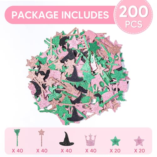 Image of 200 Pcs Pink and Green Glitter Confetti, Wicked Witch Themed Table Scatter, Magic Broom Wand Hat Crown Star Shapes for Princess Girls Birthday Baby Shower Party Supplies