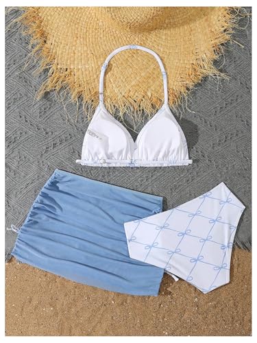 Image of RoseSeek Girl's 3 Piece Cute Bowknot Bathing Suit Halter Triangle High Waisted Swimsuit with Beach Cover Up Skirt