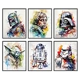 Star Wars 6 Piece Watercolor Art Print Set - Premium Giclee Fine Art Prints - Aesthetic Kid's Room Wall Décor Darth Vader Yoda Print Poster set for Children's Bedroom Décor, Ready to Frame