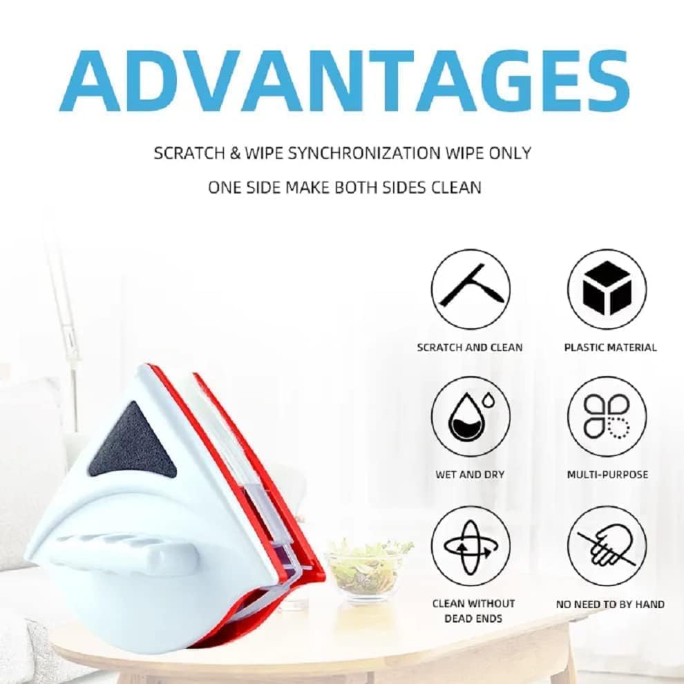 Image of Magnetic Window Glass Cleaner | Doublefaced Glass Cleaner | Double-Side Glazed Two Sided Wiper with 2 Extra Cleaning Cotton Squeegee Washing Equipment Household Magnet (Multicolour) D2 (red)