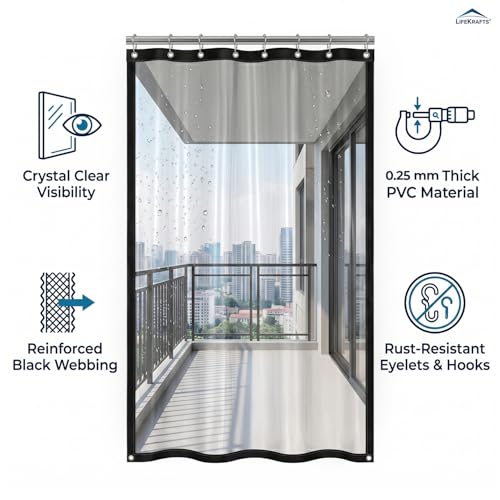 Image of Lifekrafts Outdoor Transparent PVC Rain Curtain for Balcony - Waterproof, Wind & Dust Protection | Partition Screen | for Terrace, Pergola, Patio & Verandah - 4.5ft x 8ft,Pack of 1