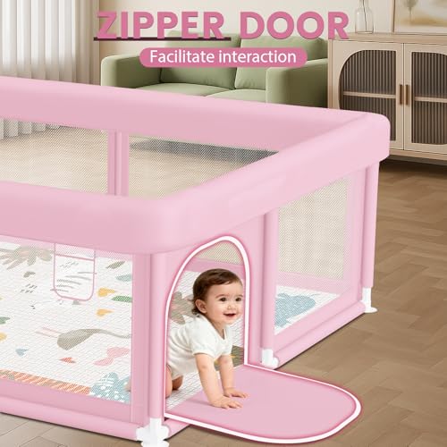 Image of Large Baby Playpen with Mat 50 inchx50 inch Baby Girl Play Pen for Babies and Toddlers, Safe Structure and Soft, Skin-Friendly Fabric with Zipper Gates Pink