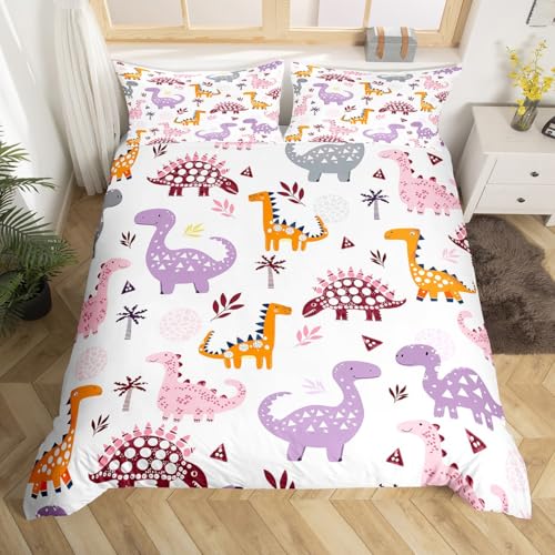 Loussiesd Juego de funda de edredón con diseño de dinosaurios de dibujos animados, tamaño doble, palmeras, para niños y niñas, juego de ropa de cama de dinosaurios coloridos, 3 piezas, decoración de