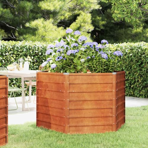 Woonisher Arriate Hexagonal de Acero Corten 129x129x77 cm, Jardinera Exterior con Base Abierta, Ideal para Plantas Flores y Huerto Urbano