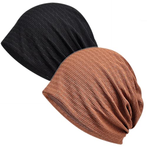 Womens Cotton Beanie Lace Turban Soft Sleep Cap Chemo Hats Fashion Slouchy Hat, 2pack Black+coffee New, One size