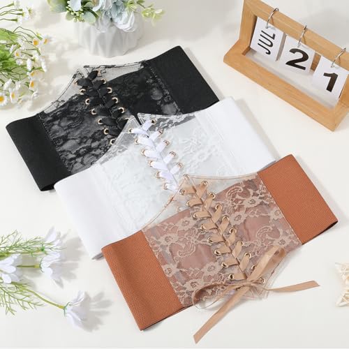 White Cinch Corset Lace Up Waist Belt Faux Leather Vintage Boho Bow Tie Wrap Wide Lace Elastic Trendy Waistband Belts Bulk for Women Dresses Shirts Clothing Costume Birthday Party Accessory3
