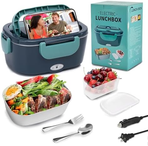 XSWPL Electric Lunch Box 80W Heated Lunch Box for Adults 12/24/110V Portable Food Warmer LunchBox with 304 Stainless Steel Container for Office/Car/Truck(1.5L)