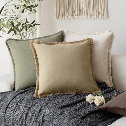 Image of Foindtower Set of 2 Decorative Linen Fringe Throw Pillow Covers Boho Farmhouse Cushion Cover with Tassels Soft Accent Pillowcase for Couch Sofa Bed Living Room Home Decor,26x26 Inch,Light Khaki Taupe