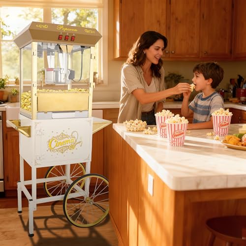 Image of Popcorn Machine with Cart & 16oz kettle for Home /Commercial (Beige) | 850W, Large Capacity, Easy to Use /Clean, Vintage Movie Theater Style, 3 Easy Switches, with Storage, 4 Spoons