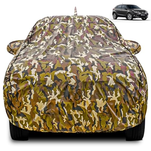 Image of FABTEC Car Body Cover for Toyota Glanza New Jungle Print with Soft Cotton Lining Waterproof Car Cover UV & Rain Protection with Mirror and Antenna Pocket Bottom Elastic (Military /Camouflage Pattern)