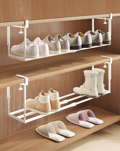 NANAGIFTREE 2 Pack Expandable Shoe Rack Organizer for Cabinet, Adjustable Hanging Under Shelf Storage, Sturdy Round Tube Design, Space Saving Shoe Shelf for Closet, Entryway, Laundry Room, White
