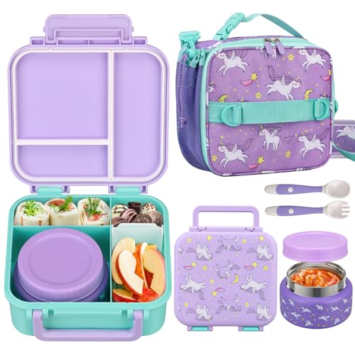 BEAQUEE Kids Lunch Box Set with Bento Box, 9oz Stainless Steel Thermos & Insulated Lunch Bag – Hot & Cold Leakproof Lunch Container with Utensils...