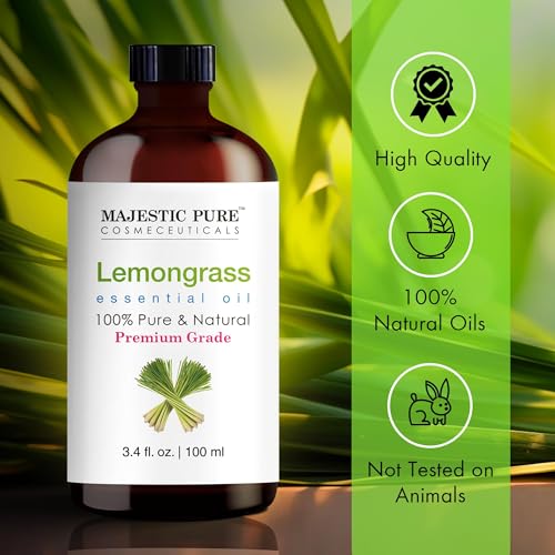 Image of Majestic Pure Lemongrass Essential Oil for Diffuser - 3.4 Fl Oz | 100% Natural Essentials Oils Ideal for Relaxing Tense Mood, Eliminating Odor, Creating Peaceful Atmosphere for Sleep & Work
