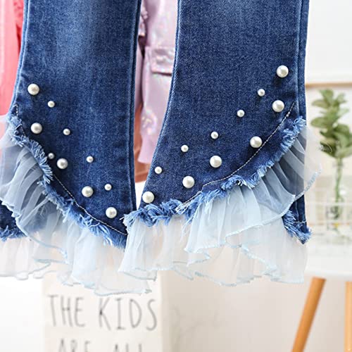 Aislor Kids Girls Vintage Jeans Bell-Bottoms Elastic Waist Flare Jeans with Pearls Lace Ruffle Denim Skinny Pants4