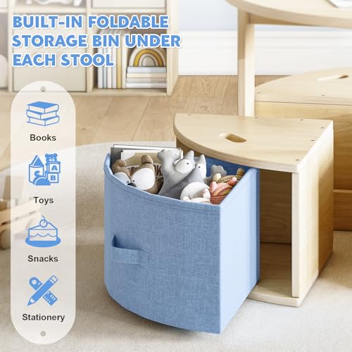 Image of EXPERLAM Toddler Table and Chair Set, Round Kids Table and Chairs with Nesting Design, Wooden Activity Table & 4 Storage Drawers Chairs for Daycare Nursery Playroom